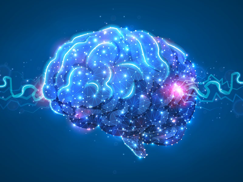 Human Brain. Organ anatomy, neurology, healthy body concept. Polygonal image on blue neon background...