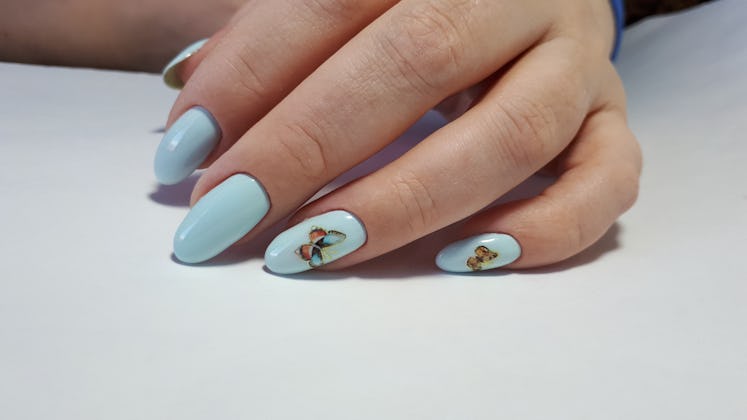 Hand with blue butterfly nail design, the Taylor Swift-themed manicure for fans of her debut era.
