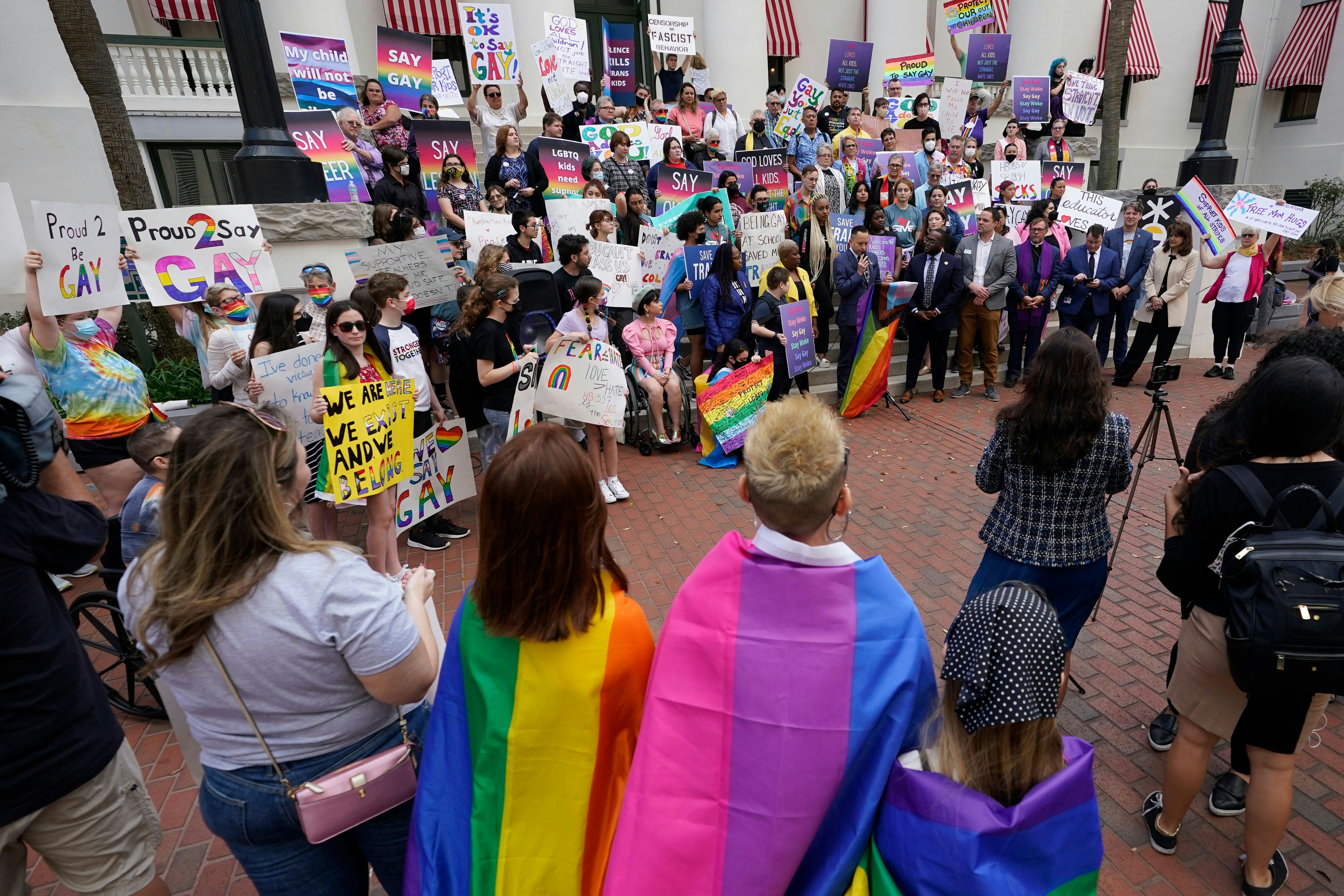 Demonstrators gather on the steps of the Florida Historic Capitol Museum in front of the Florida Sta...