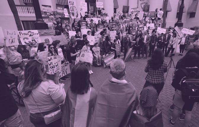 Demonstrators gather on the steps of the Florida Historic Capitol Museum in front of the Florida Sta...