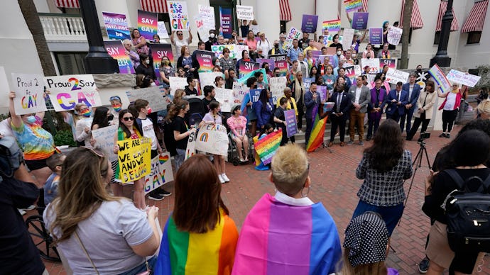 Demonstrators gather on the steps of the Florida Historic Capitol Museum in front of the Florida Sta...