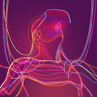 Wire connection to virtual reality. Man wearing vr glasses. Abstract world with neon lines. Vector i...