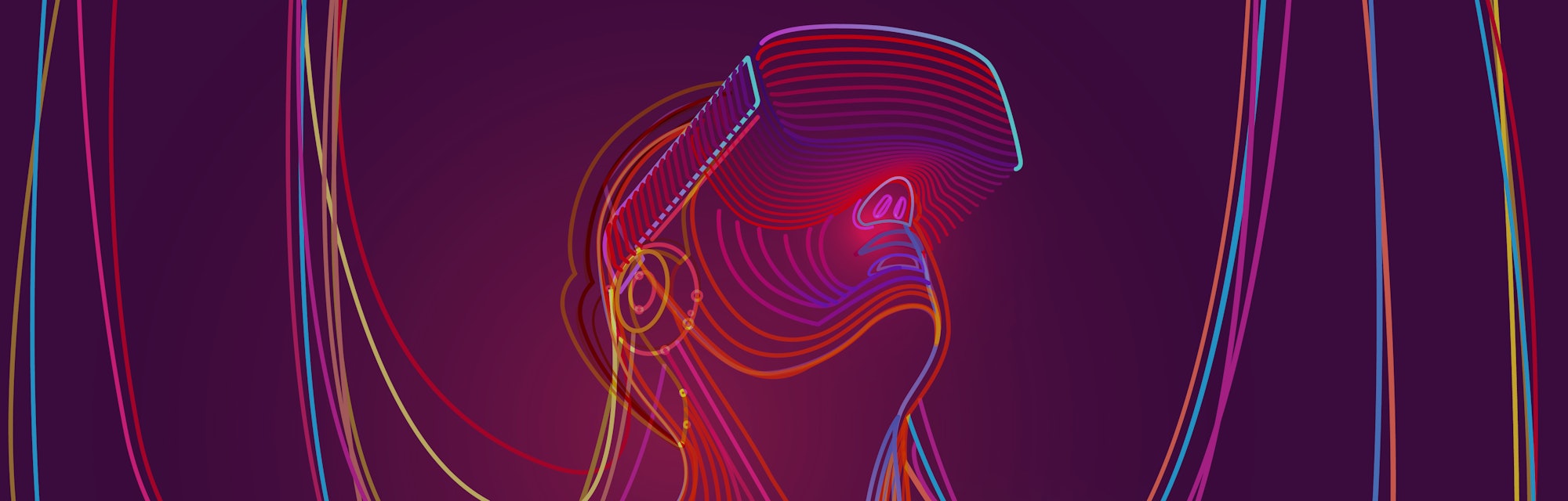 Wire connection to virtual reality. Man wearing vr glasses. Abstract world with neon lines. Vector i...