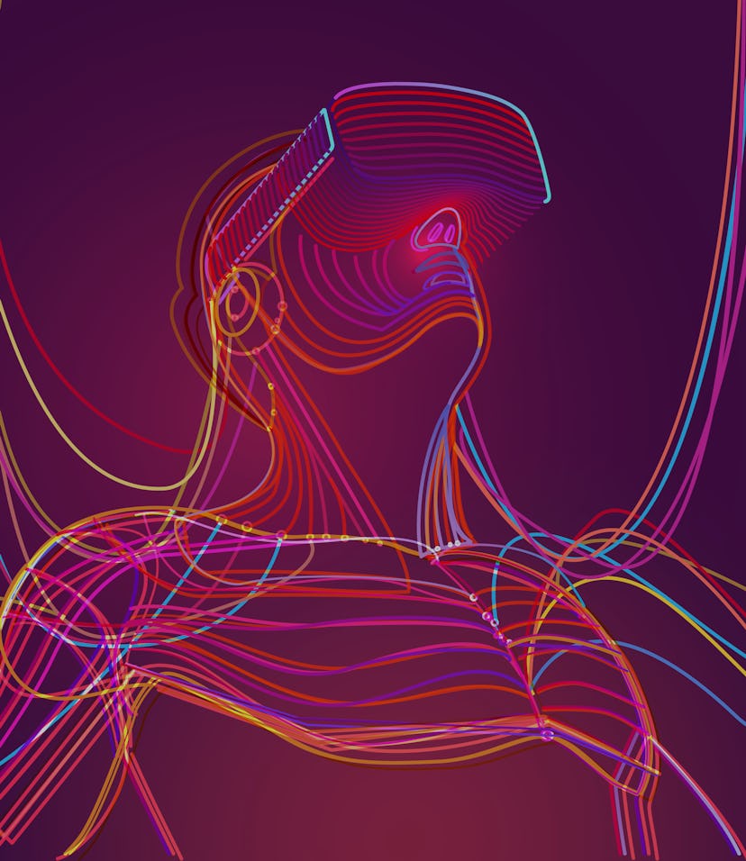 Wire connection to virtual reality. Man wearing vr glasses. Abstract world with neon lines. Vector i...