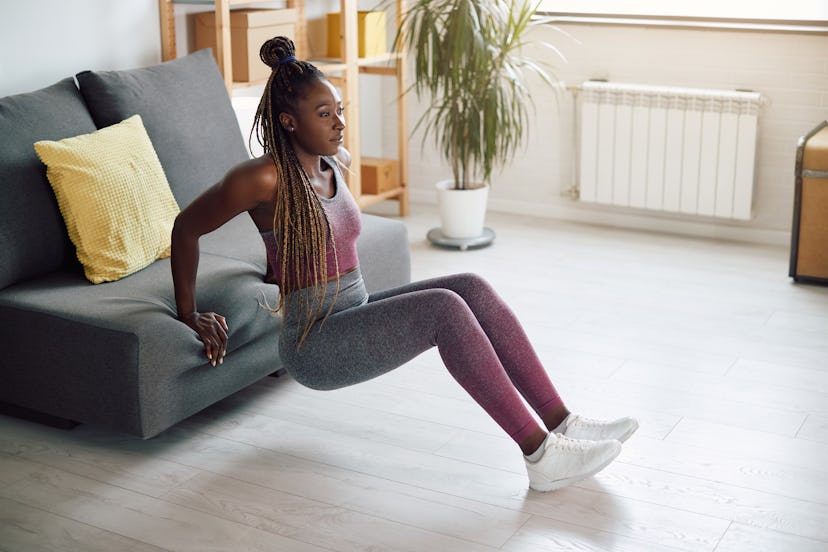 Try tricep dips off the side of your couch or chair.