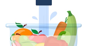 Vegetables and fruits in a bowl under the water vector isolated. Wash raw food before cooking. Rules...