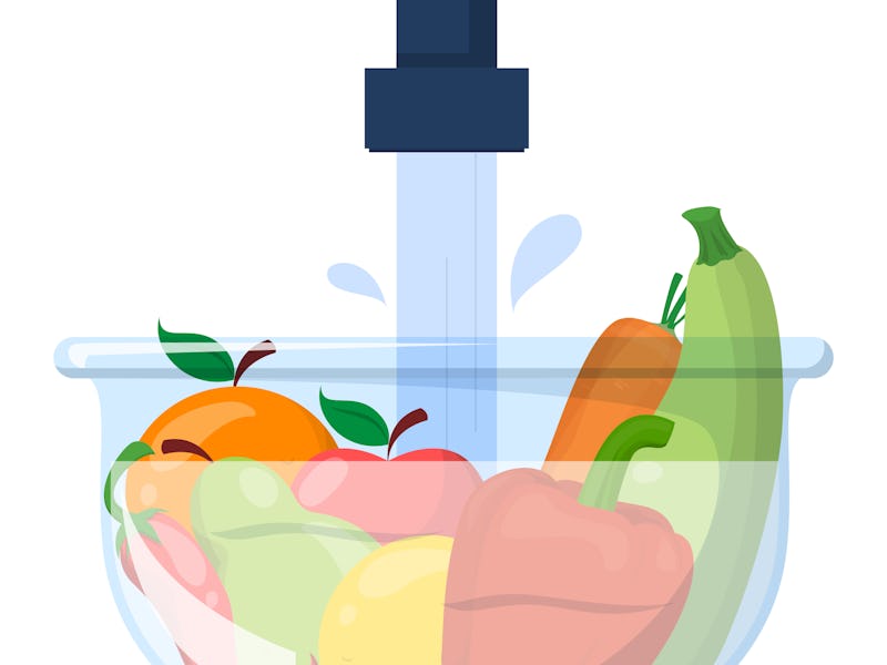 Vegetables and fruits in a bowl under the water vector isolated. Wash raw food before cooking. Rules...