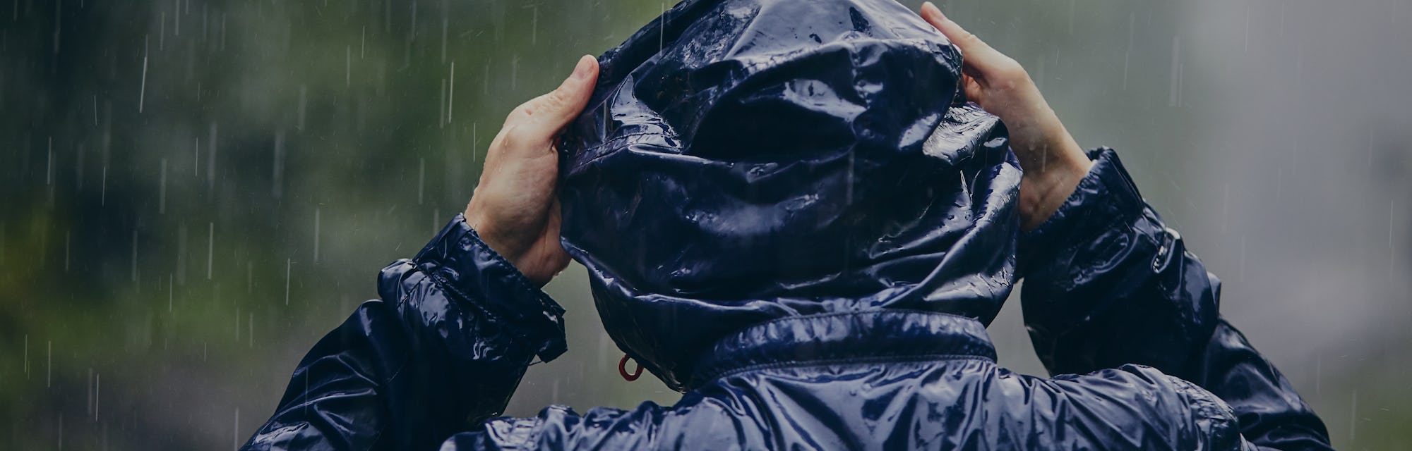 Trip in bad weather. Rear view of young man in drenched jacket in heavy rain.