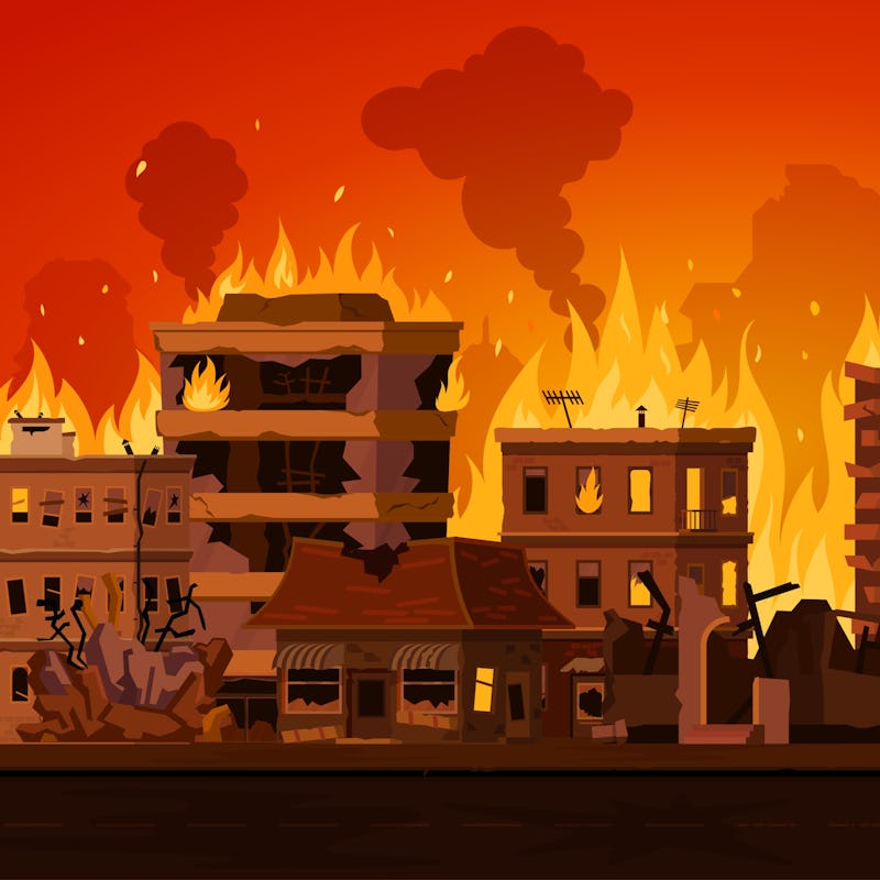 Cartoon apocalyptic city landscape with destroyed building on fire. Cityscape with burn street house...