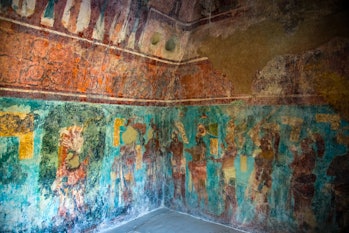 Ancient Mayan Ruins of Bonampak: Painting on the walls in room 1 of the “Structure 1” building, buil...