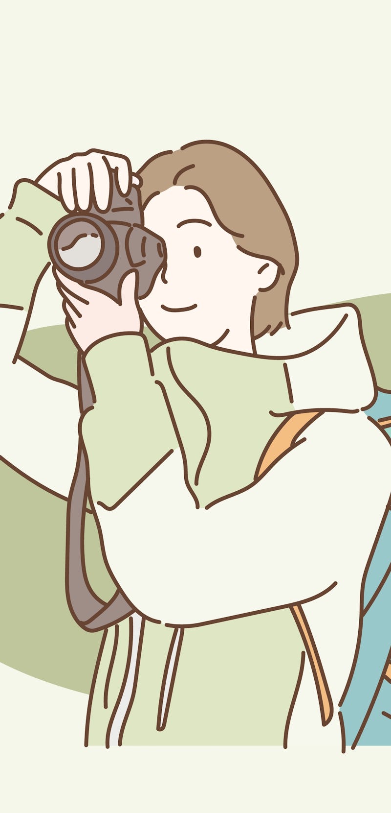 woman with backpack taking a photo. Hand drawn style vector design illustrations.