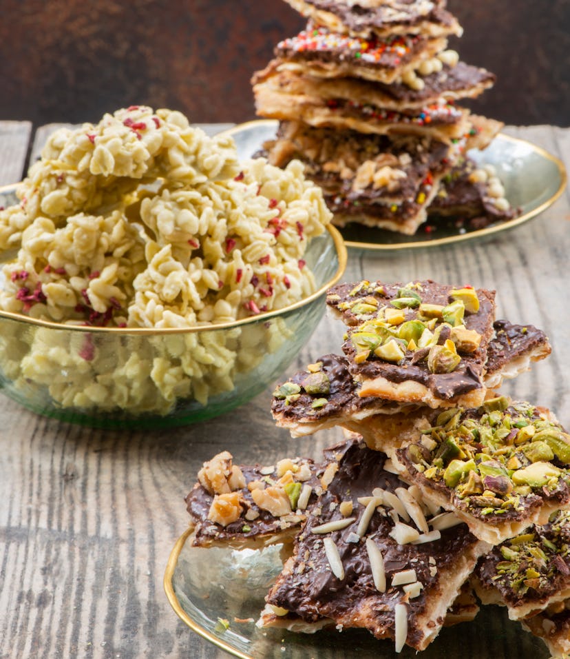 Chocolate Toffee Matzo Crack with different kind of toppings - passover dessert