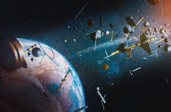 Aerial view of Earth surrounded by space junk from space ships and satellites; 3D; 3D Illustration