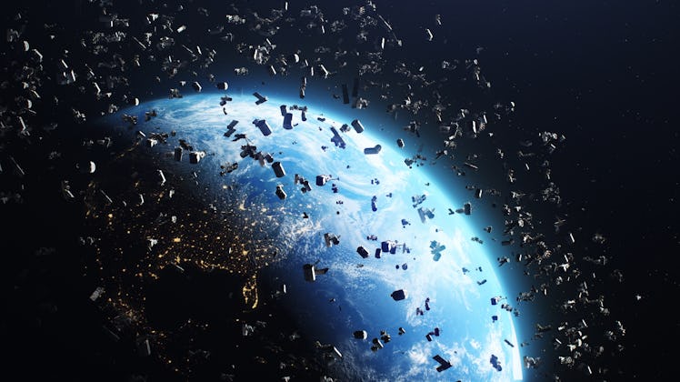 3D Render of space debris around planet Earth