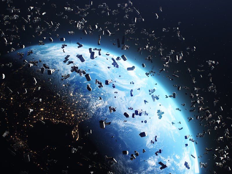 3D Render of space debris around planet Earth