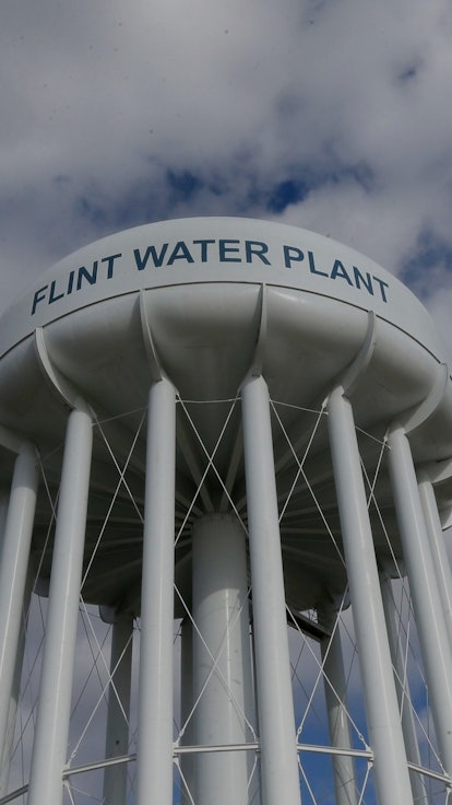 In a photo, the Flint Water Plant water tower is seen in Flint, Mich. Flint residents who've grown a...