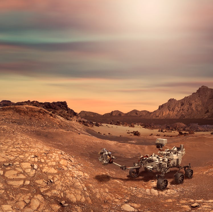 Illustration of Perseverance rover in the Planet Mars rocky landscape. Some elements furnished by NA...