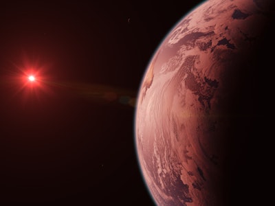 TRAPPIST-1D Alien Livable Habitable Exoplanet Locked Orbiting Cooling Red Dwarf Star in Space with M...