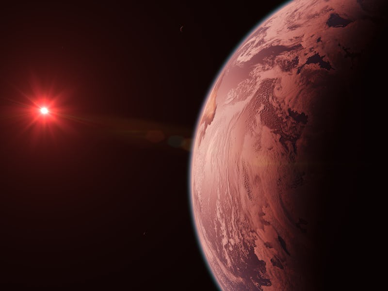 TRAPPIST-1D Alien Livable Habitable Exoplanet Locked Orbiting Cooling Red Dwarf Star in Space with M...