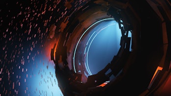 Fantastic space station.Closeup Dyson sphere.  Cosmic abstract background 3d render illustration