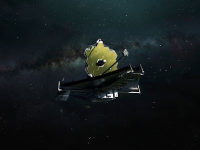 James Webb telescope explores deep space. JWST launch art. Elements of image provided by Nasa