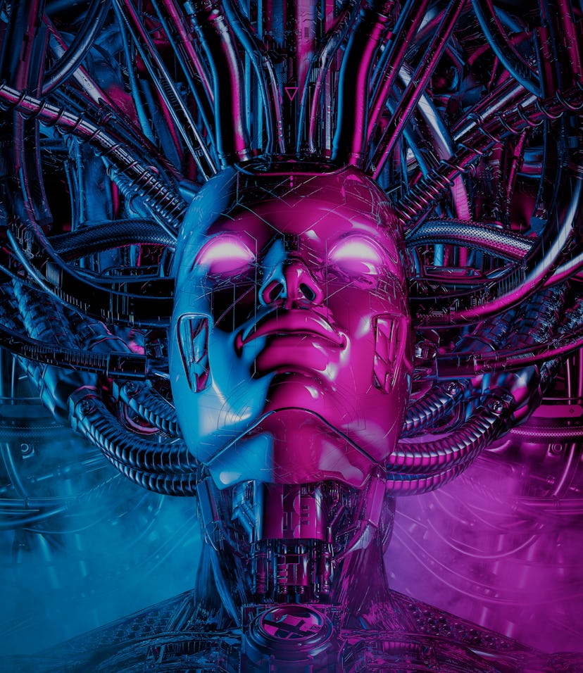 Dream of the machine - 3D illustration of metallic science fiction female artificial intelligence in...
