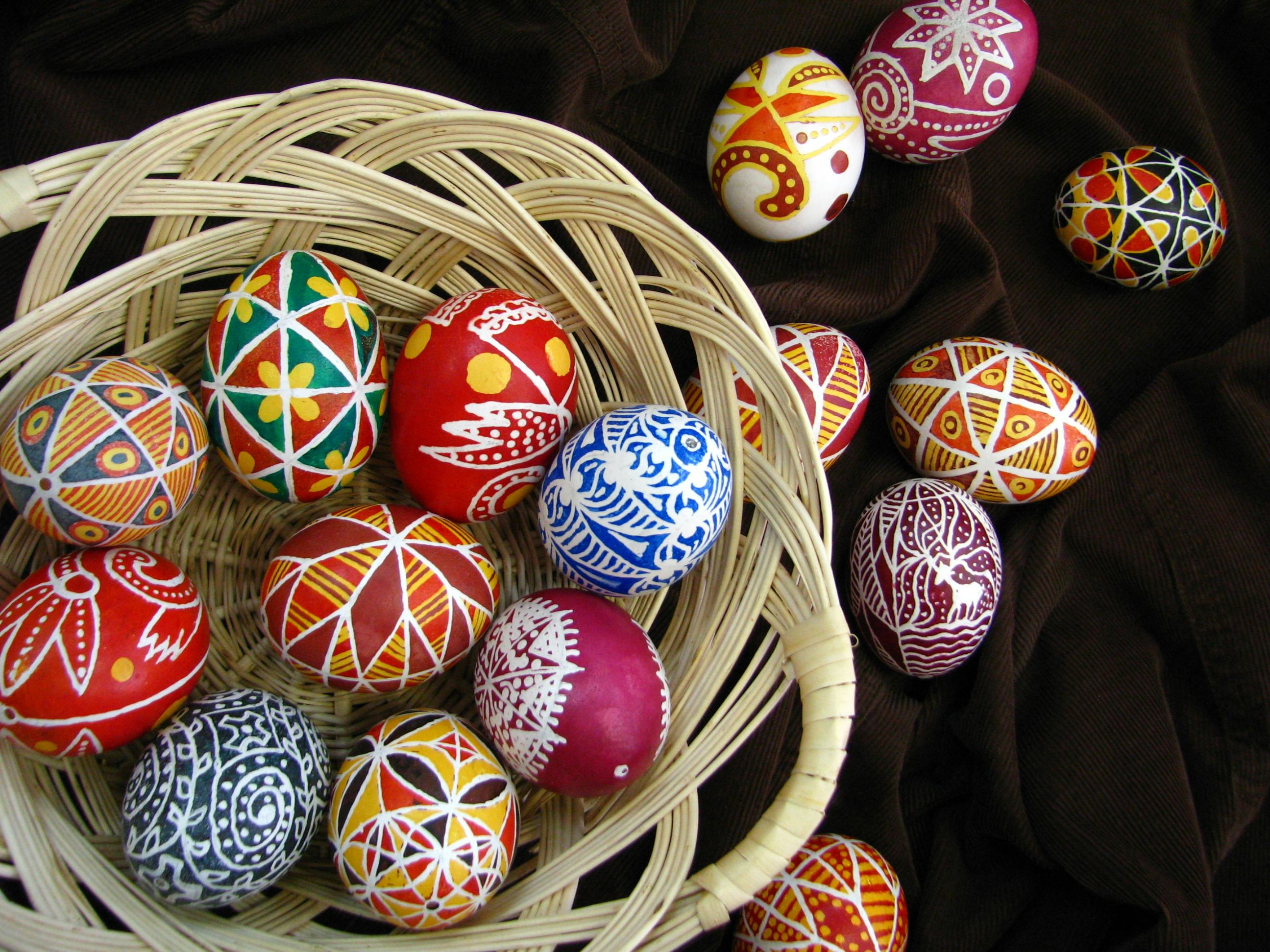 colorful pysanka, Ukrainian Easter eggs, decorated in the traditional way