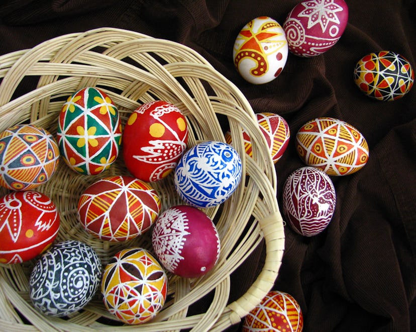 colorful pysanka, Ukrainian Easter eggs, decorated in the traditional way