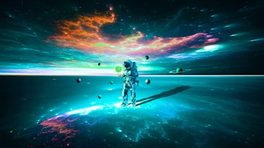 Astronaut solar system sun planets digital art 3d illustration.