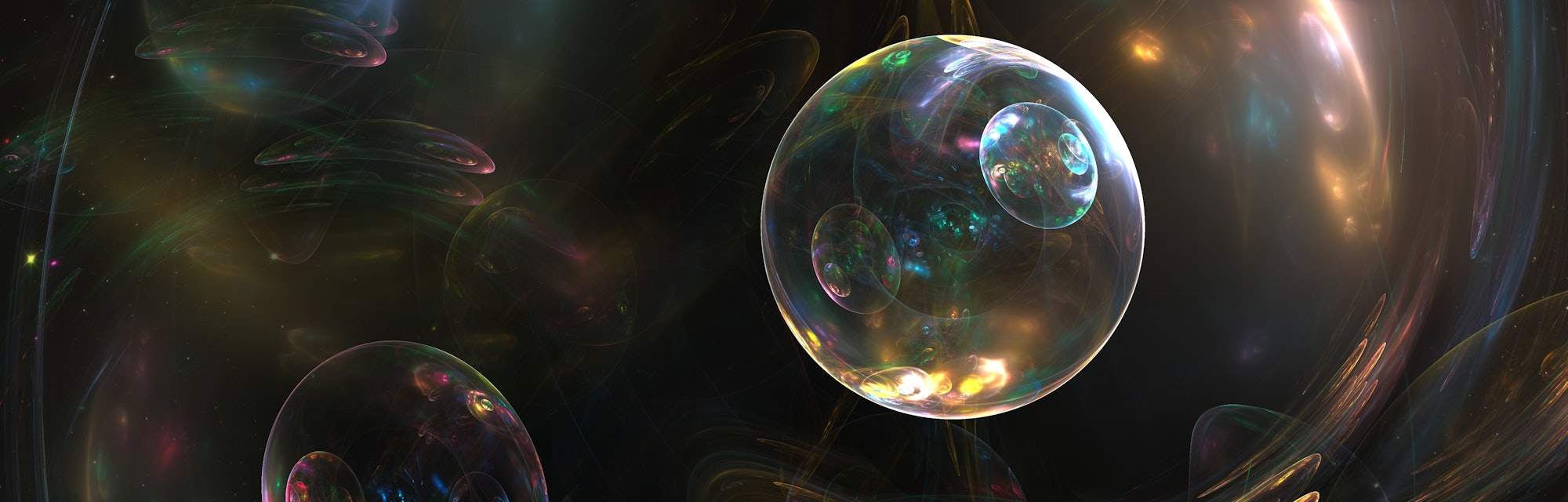 Fractal image with soap bubbles or colorful space background. Quantum physics. Glass balls or photon...