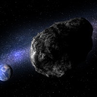 4660 Nereus is a small asteroid with an orbit that frequently comes close to Earth, 3D illustration