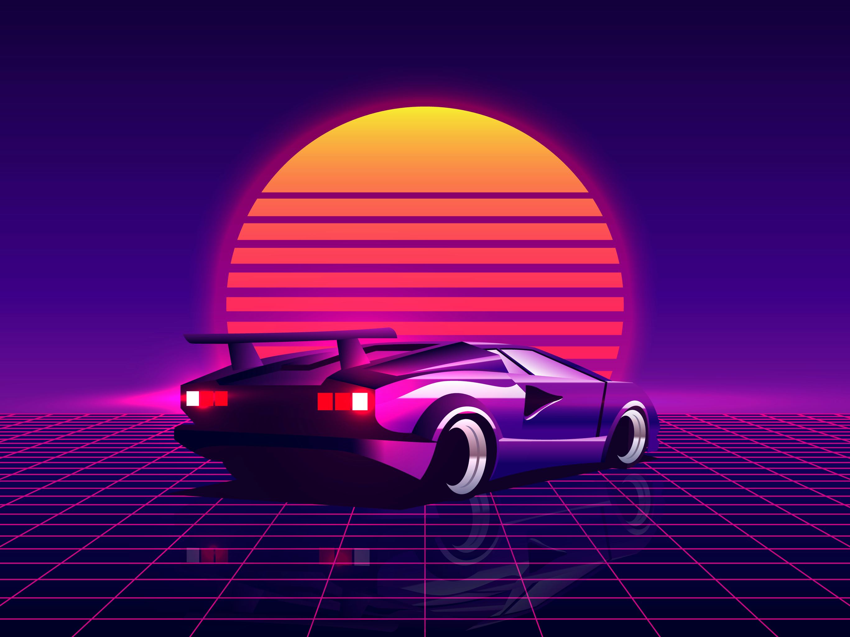 Retro futuristic back side view 80s supercar on trendy synthwave, vaporwave, sunset background. 80's...