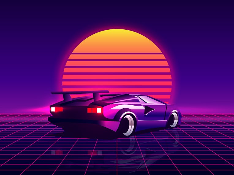 Retro futuristic back side view 80s supercar on trendy synthwave, vaporwave, sunset background. 80's...