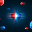 Frozen moment of red and blue particles collision. Vector illustration. Atom explosion concept. Abst...