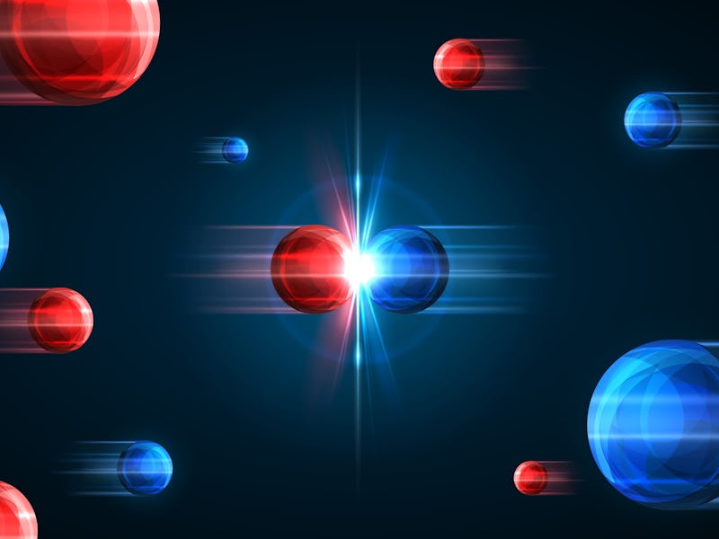 Frozen moment of red and blue particles collision. Vector illustration. Atom explosion concept. Abst...