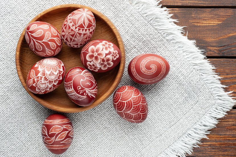 Monochromatic pysanka, traditional ukranian easter eggs, in a bowl