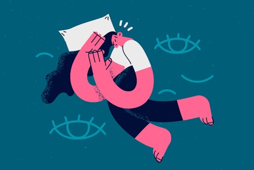 Insomnia and having problems with sleep concept. Young Sleepless girl lying on bed suffering from in...