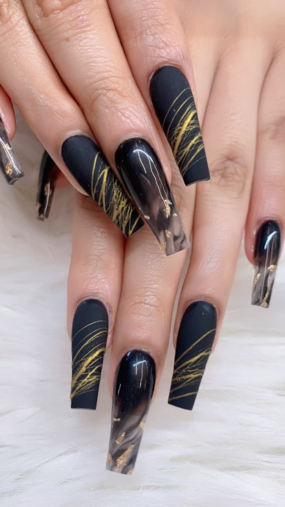 Black coffin nails with abstract art design gold color polish, artificial nails long in black