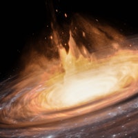 Quasar or black hole with accretion disk and gas clouds 3D rendering illustration. Outer space or sp...