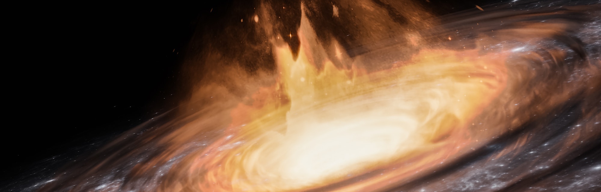 Quasar or black hole with accretion disk and gas clouds 3D rendering illustration. Outer space or sp...
