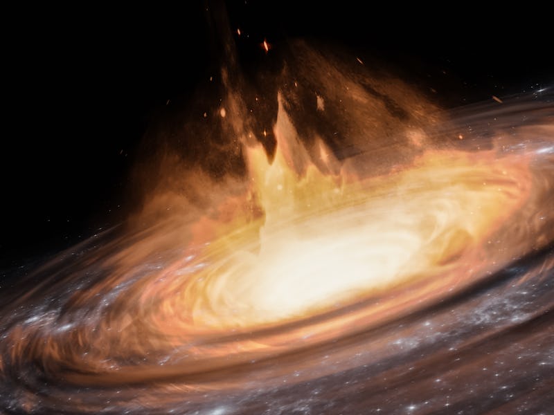 Quasar or black hole with accretion disk and gas clouds 3D rendering illustration. Outer space or sp...