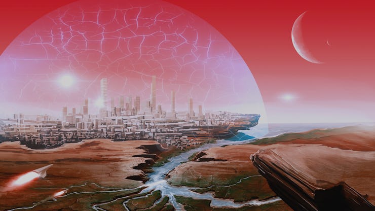 Sci-fi Fantasy Image. Human Habitation off Planet Earth. City under Glass Dome on Red Desert Planet....