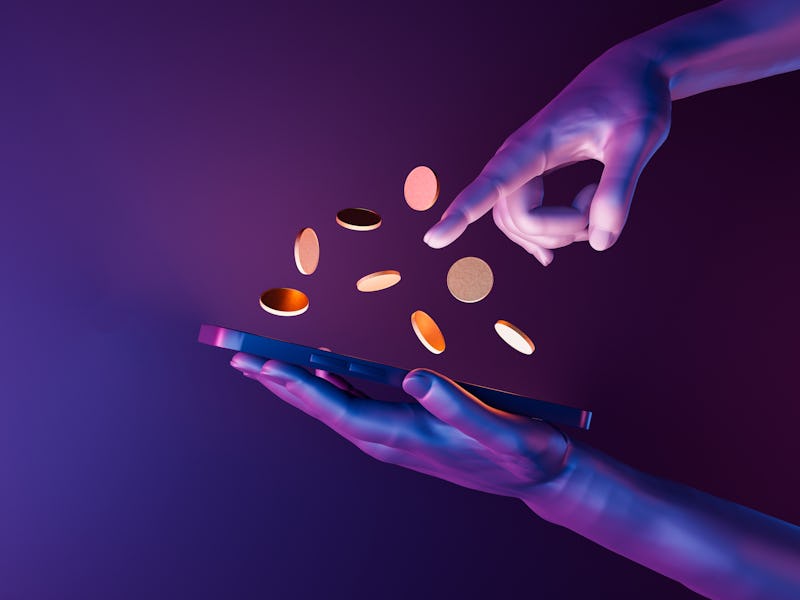 3d hands holding a cell phone with coins on the screen. neon lights. futuristic concept of play to e...