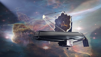 James Webb telescope in outer space. Elemets of thisd iamge furnished by NASA. 3d rendering