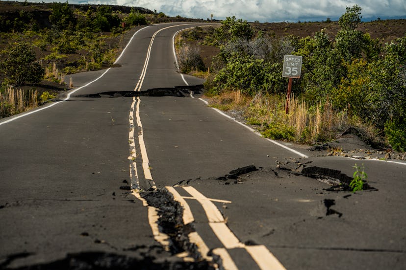Earthquake damaged road in Hawaii Volcanoes National Park from eruption.