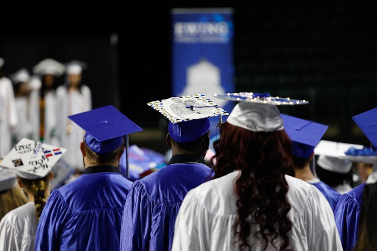 Graduates in high school use graduation song quotes as song lyrics for graduation caps.