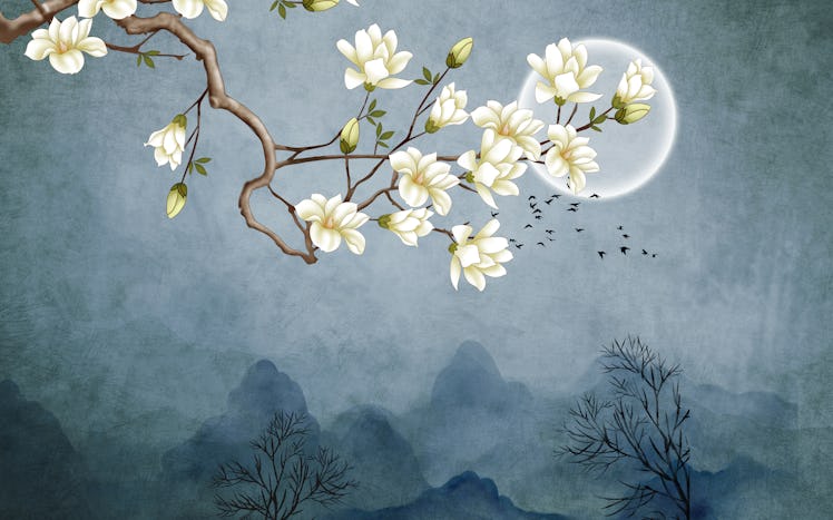 3d illustration, dark grunge background, full moon, white magnolia flowers on a branch, flock of bir...