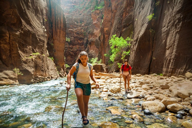 Group of diverse people hiking through the narrows at Zion National Park, one of the best Memorial D...