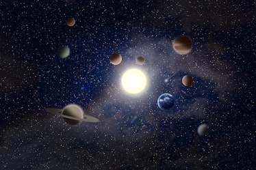 The nine planets of the solar system revolve around the sun. Space astronomical background with come...