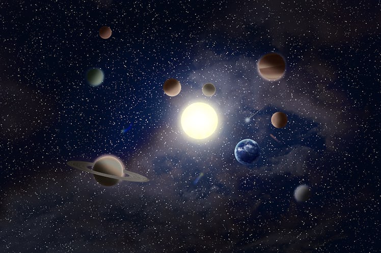 The nine planets of the solar system revolve around the sun. Space astronomical background with come...